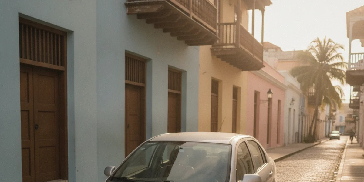 Economy compact rental car parked on a San Juan street — Car Rental San Juan