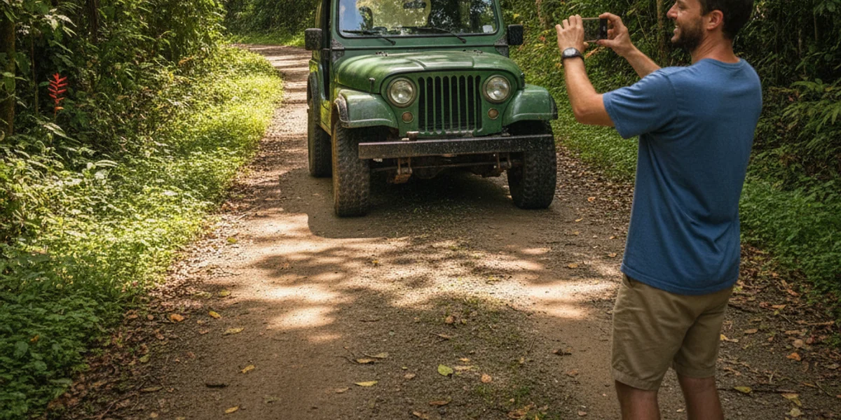 Jeep 4x4 rental on a lush road near El Yunque rainforest — Car Rental San Juan