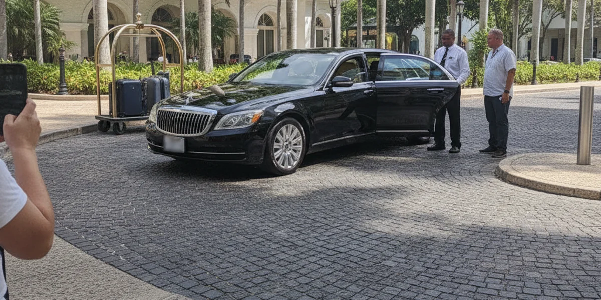 Black luxury sedan rental in front of an upscale San Juan hotel — Car Rental San Juan